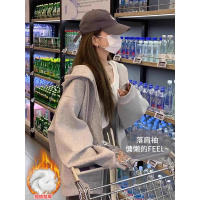 浅灰色连帽拉链卫衣女秋冬加绒加厚新款宽松外套长袖上衣