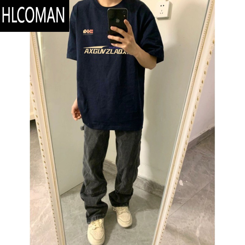 HLCOMAN夏季美式休闲藏青色短袖T恤男款高街潮牌宽松半袖上衣