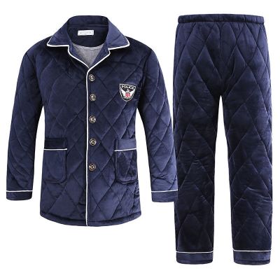 冬季珊瑚绒夹棉睡衣男士三层加厚加绒家居服男法兰绒保暖棉袄套装