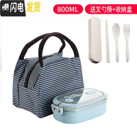 三维工匠饭盒可爱少女心上班族微波炉加热便当盒学生简约分格双层餐盒 单层北欧蓝+保温袋蓝