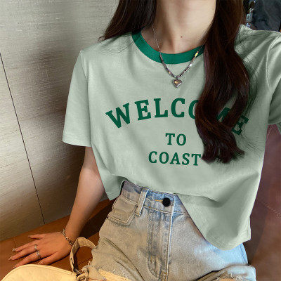 [1折价26.9元,叠加优惠券]短袖T恤女夏季新款圆领撞边前胸字母短款小衫学院风百搭