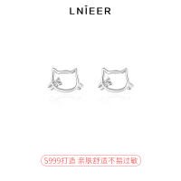 999纯银小猫咪耳钉女养耳洞耳环免摘小众可爱简约锆石镂空银耳饰
