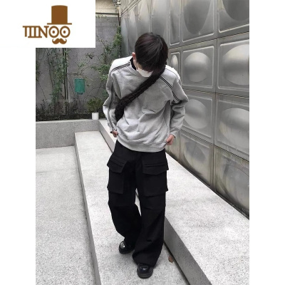 YANXU美式oversize灰色圆领卫衣男设计感拼接拉链宽松休闲套头外套