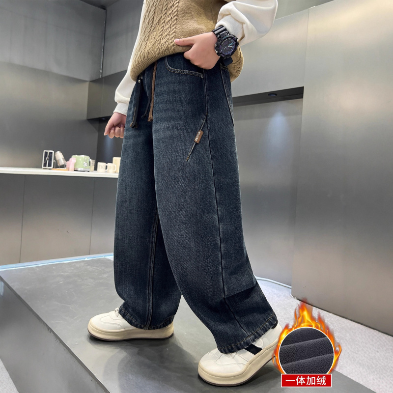 男童秋冬款裤子加绒加厚新款大童冬季直筒儿童一体绒牛仔长裤