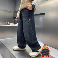 男童秋冬款裤子加绒加厚新款大童冬季直筒儿童一体绒牛仔长裤