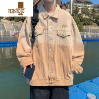 YANXU美式渐变牛仔外套男潮秋季做旧水洗潮牌痞帅宽松工装翻领夹克上衣