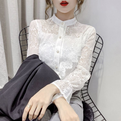 2021春夏洋气打底衫女长袖珍珠扣衬衫女喇叭袖上衣雪纺衫美铂娜