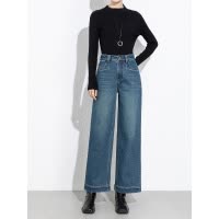 年冬季新款高腰牛仔植绒阔腿裤加绒加厚直筒九分裤