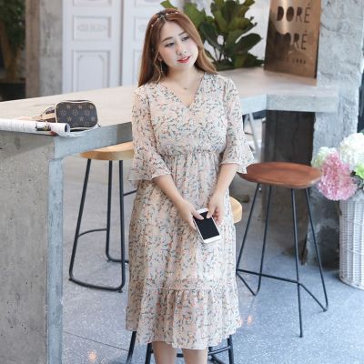 珂卡慕(KEKAMU)潮牌同款2020夏装新款胖MM加肥加大码女装雪纺碎花连衣裙