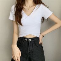 夏季新款设计交叉百搭显瘦修身短袖T恤女韩版短款纯色上衣女