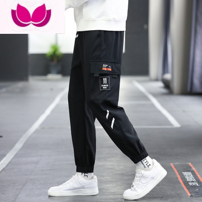 七斓黑色裤子男生休闲裤宽松束脚哈伦卫裤夏季机能工装运动长裤