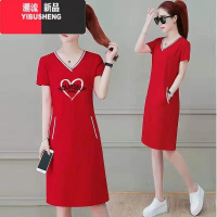 YIBUSHENG2022装新款中长款V领连衣裙女大码宽松遮肚宽松百搭短袖裙