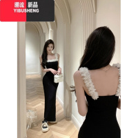 YIBUSHENG赫本风法式花朵拼接吊带连衣裙女季性感收腰气质露背开叉长裙子
