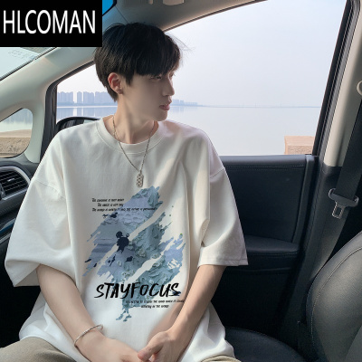 HLCOMAN短袖t恤男士夏季美式复古潮流涂鸦印花高街大码宽松半袖体恤