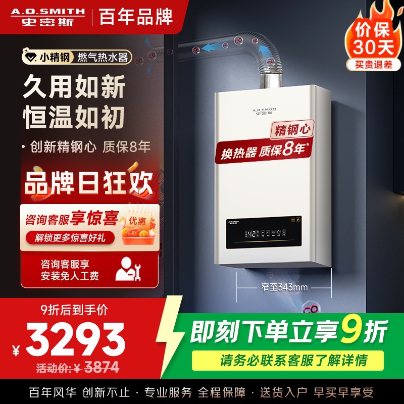AO史密斯新品小体积16升精钢燃气热水器 JSQ31-EC3 负压燃烧更安全 精控恒温 家用持久恒温大水量