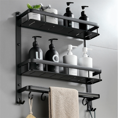 月亮喵浴室置物架免打孔太空铝黑色卫生间毛巾架双层洗澡间卫浴壁挂