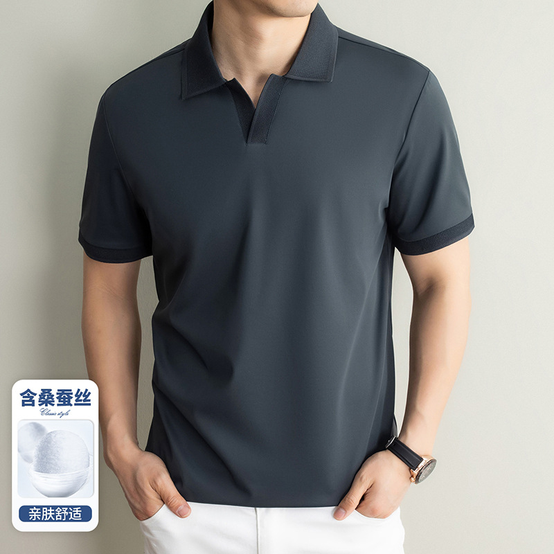 春夏新款男士纯色翻领休闲简约时尚青年透气舒适轻薄短袖T恤