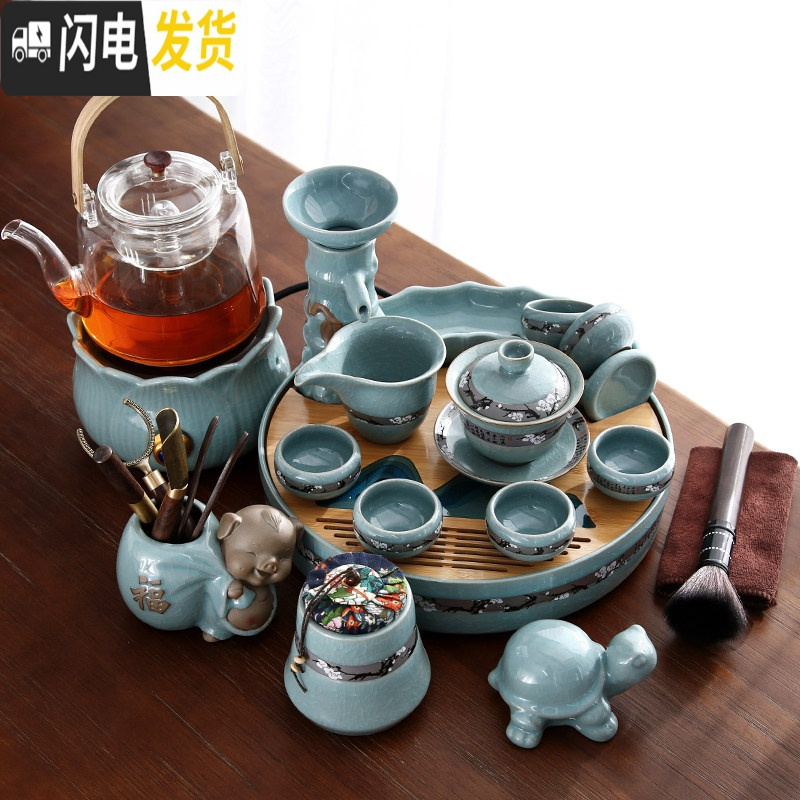 三维工匠陶瓷茶具煮茶壶泡茶器家用电陶炉功夫茶盘小茶 哥窑盖碗11头+哥窑过滤杯架干泡盘+木柄提梁煮茶壶+哥窑电陶 14件