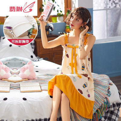 睡裙女夏季印花甜美薄款自带胸垫连衣裙子夏天大码孕妇睡衣女费琳