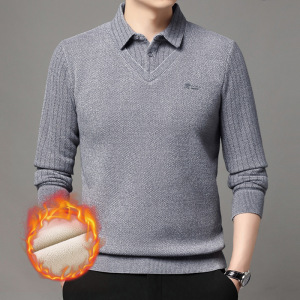 雪貂绒男士假两件毛衣冬季新款加绒加厚保暖翻领打底针织衫男