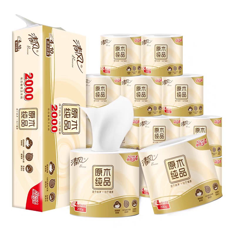 清风原木纯品卷纸10卷2000克家用厕纸大卷卫生纸家庭卷筒纸厕纸