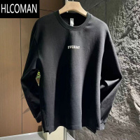 HLCOMAN秋季新款字母拼接休闲圆领卫衣男潮牌高级宽松情侣长袖T恤打底衫
