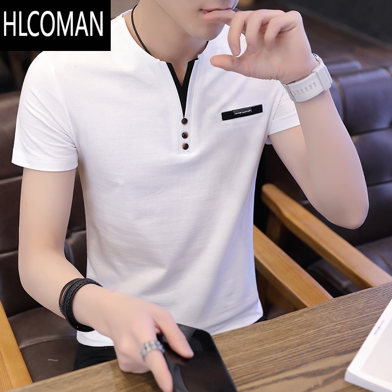 HLCOMAN短袖男t恤2024夏季新款韩版潮牌上衣服男士修身V领半袖小衫