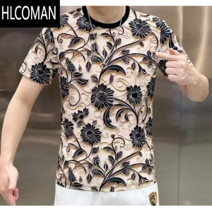 HLCOMAN欧洲站男士夏季短袖冰丝T恤时尚休闲个性印花潮牌帅气透气上衣薄