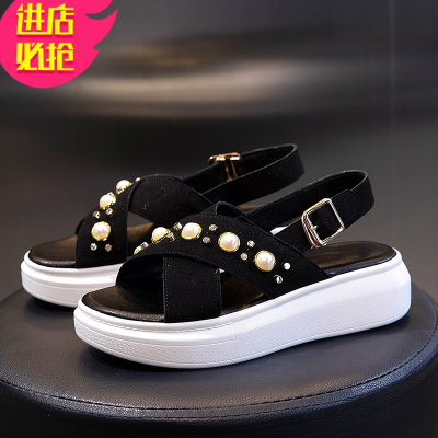 金三志夏季女鞋2021新款厚底休闲鞋时尚珍珠黑色松糕鞋百搭网红凉鞋女潮凉鞋
