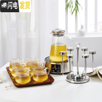 三维工匠家用茶杯水具组合日式锤纹凉水壶玻璃创意耐热高温冷水杯套 [描金的]锤纹壶+6锤纹杯+乌檀木实木方盘+杯架+电陶炉