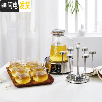 三维工匠家用茶杯水具组合日式锤纹凉水壶玻璃创意耐热高温冷水杯套 [描金的]锤纹壶+6锤纹杯+乌檀木实木方盘+杯架+电陶炉