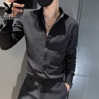 花花公子黑色衬衫男士长袖修身寸衫夏季新款百搭休闲印花衬衣男装