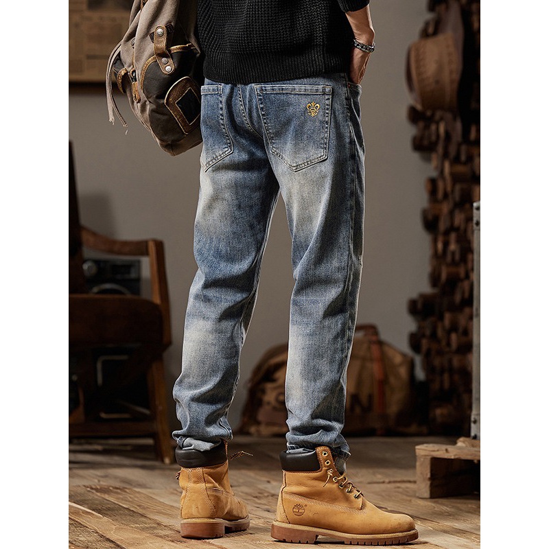 新款复古男士牛仔裤 直筒刺绣休闲长裤男款 潮牌时尚百搭简约男裤