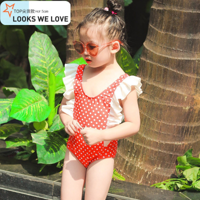 七色王国新款儿童泳衣连体女童游泳衣女孩可爱波点蝴蝶结泳装宝宝比基尼
