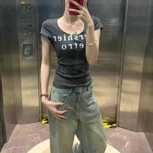 美式复古辣妹字母印花U领短袖T恤女夏季新款设计感小众纯欲风上衣_1