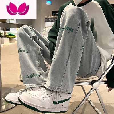 七斓夏季直筒牛仔裤男刺绣潮牌ins痞帅高街百搭潮流港风复古宽松裤子