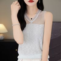 欧货无袖V领精纺羊毛针织背心女夏季新款网纱拼接微透内搭吊带潮