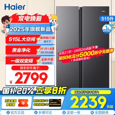 海尔(Haier)515升对开门超薄嵌入冰箱 大冷冻空间格局 黑金净化 一级双变频 BCD-515WLHSSEDS9
