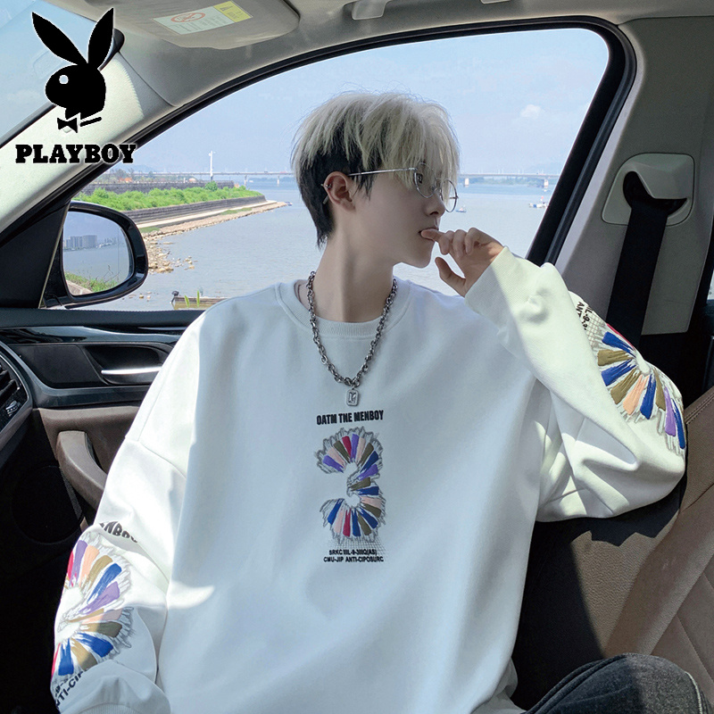 花花公子新款高品质棉质港风卫衣男潮流宽松青少年印花秋季套头卫衣男