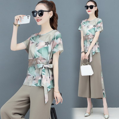 仙依琦妈妈装2021新款夏装两件套洋气高贵40岁50中年女装雪纺衫套装3315