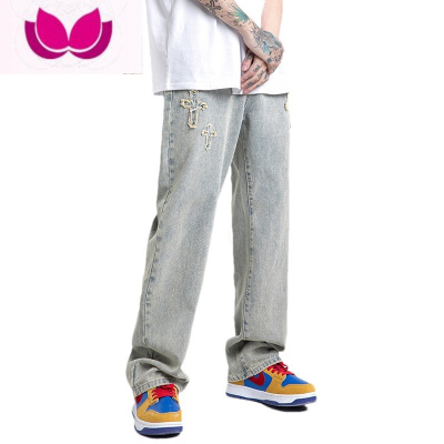 七斓牛仔裤男款宽松潮牌高街美式水洗阔腿vibe风直筒裤子