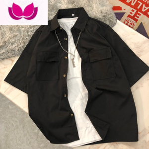 七斓痞帅衬衫男短袖港风日系休闲宽松工装衬衣韩版潮流百搭套装男夏季