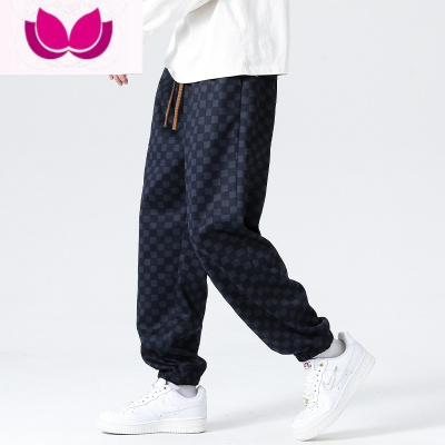 七斓棋盘格子休闲裤子男款宽松束脚九分裤男潮牌夏季百搭运动长裤