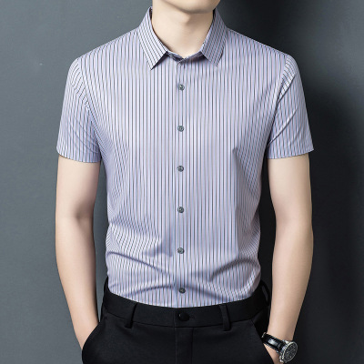 春夏新款桑蚕丝男士条纹短袖衬衫商务休闲免烫翻领通勤百搭