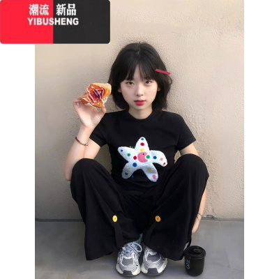 YIBUSHENG甜辣别致星星收腰美式正肩短袖T恤女季2024新款小个子短款上衣