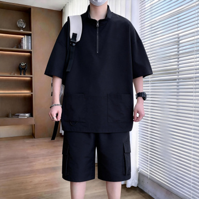 套装男夏季潮流短袖T恤男拉链套装痞帅男士ins潮牌宽松工装两件套