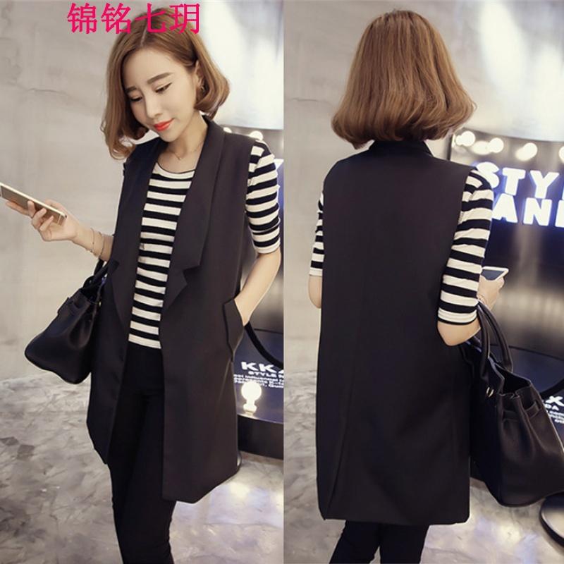锦铭七玥春装新款胖MM中长款显瘦马夹外套春秋女士坎肩薄款西装马甲潮