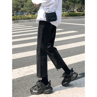 珂卡慕(KEKAMU)时尚牛仔裤女春款黑色宽松2020高腰腿粗显瘦韩版ulzzang百搭直筒裤子女生女式