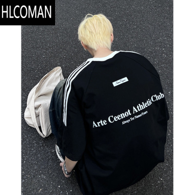 HLCOMAN高街痞帅三条杠T恤男夏季美式潮牌oversize运动短袖宽松情侣半袖
