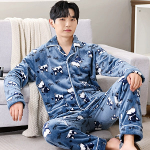 花花公子男睡衣冬季加绒加厚保暖珊瑚绒秋冬新款法兰绒家居服套装